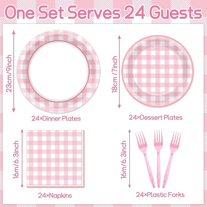 ZOIIWA 96 Pcs Pink Plaid Party Decoration for 24 Guests Pink And White Checkered Plates Party Supplies Plaid Birthday Tableware Outdoor Supplies Girls Barbecue Picnic Plates Napkins Decor