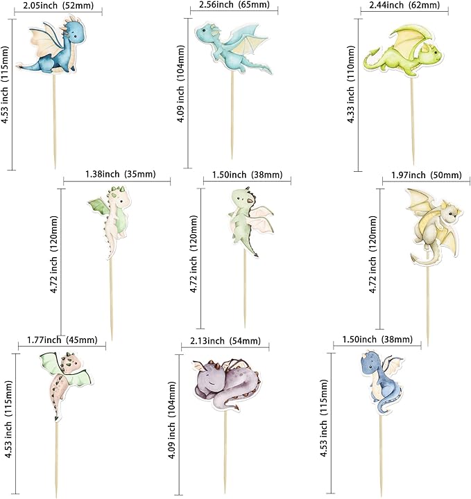 Ephlyn 36Pcs Dragon Party Cupcake Toppers Dragon Birthday Party Decoration Fantasy Dragon Cake Decorations for Flying Dragon Baby Shower Supplies