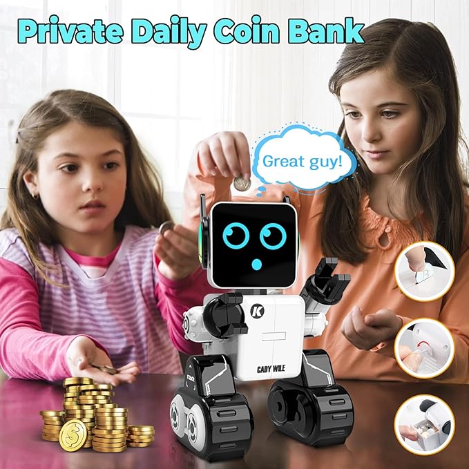 okk Robot Toys for Kids, Programmable Remote Control Robot, Interactive Toys with Coin Bank, LED and Tray, Walking Talking Singing Dancing Gift for Boys Girl（White）