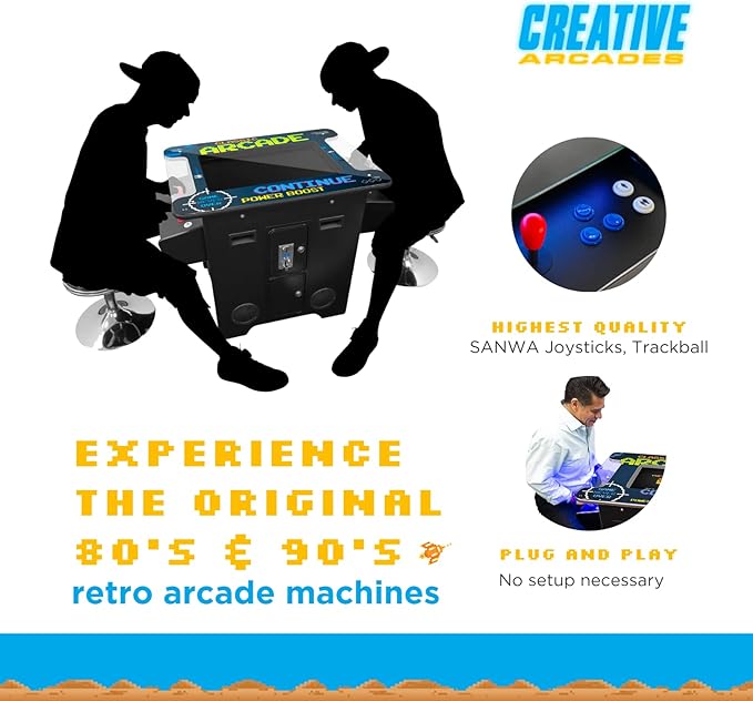 Full-Size Creative Arcades, Commercial Grade Cocktail Arcade Machine, 60 Classic Games, 2 Sanwa Joysticks, Included Stools, 26" Screen, Arcade Riser, 3Year Warranty, Top Square Glass