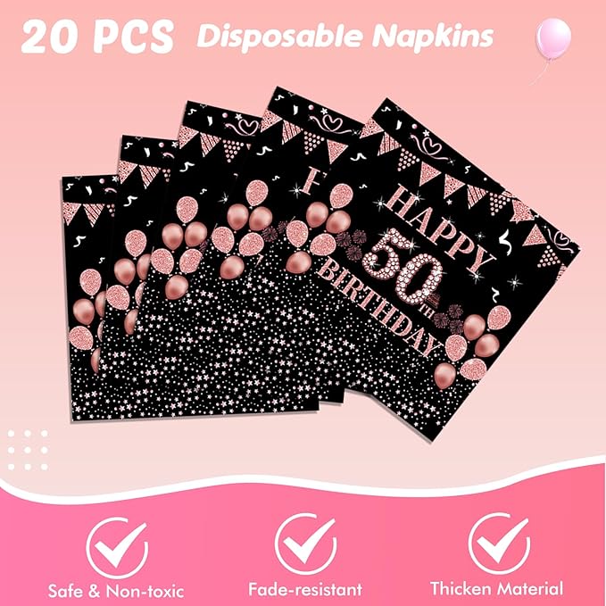 41Pcs 50th Birthday Decorations for Women, Vintage 50 Birthday Black and Rose Gold Disposable Paper Plates and Napkins Party Supplies for 20 Guests, 41Pcs Include 7" Plates Napkins and Tablecloth