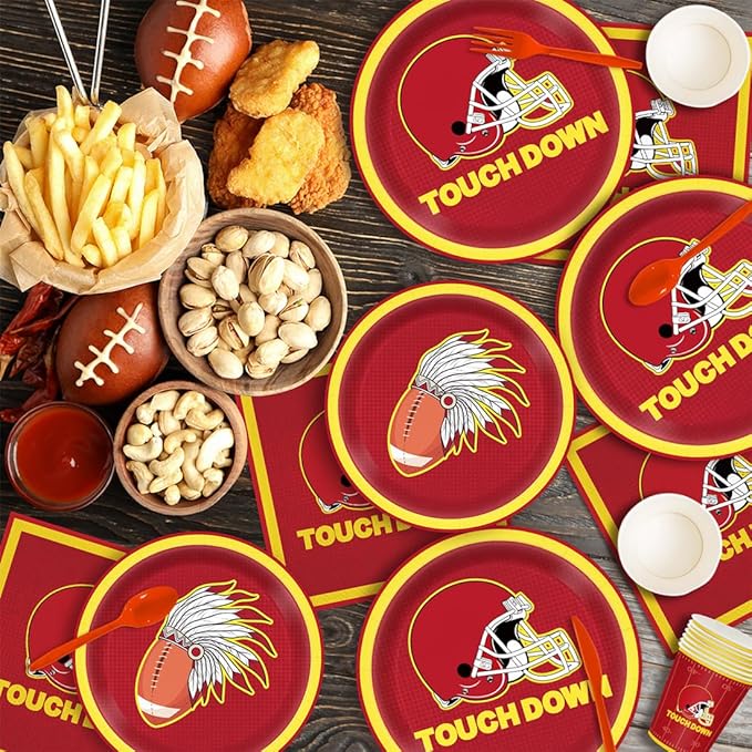 168pcs Red Football Party Supplies Touch Down Plates Napkins American Rugby Tableware Set Disposable Paper Cups Red knives Forks and Spoons Football Birthday Party Decorations Serves 24