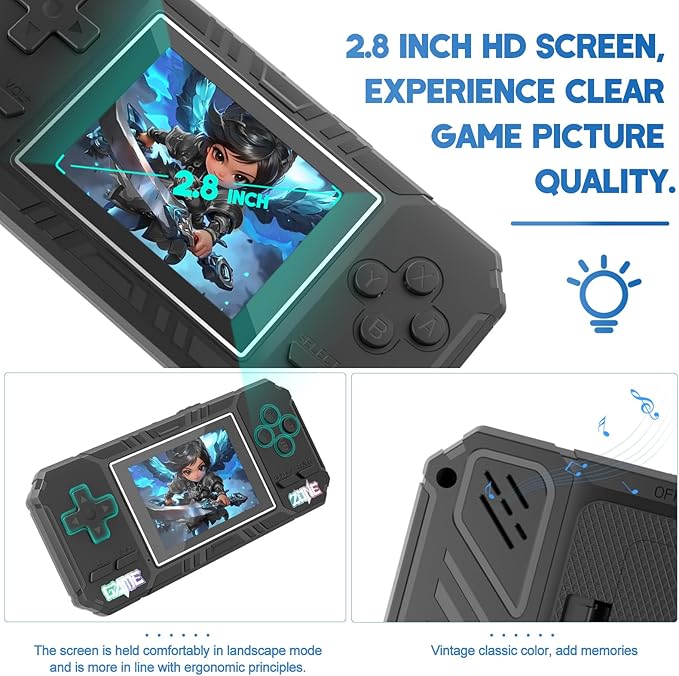 JKV Handheld Game Consoles - 520 Retro Classic Video Games, 1020mAh Rechargeable Battery 2.8" HD Screen, Portable Travel Games Mini Arcade Pocket Player, Support TV, Present for Kids & Adults (Black)