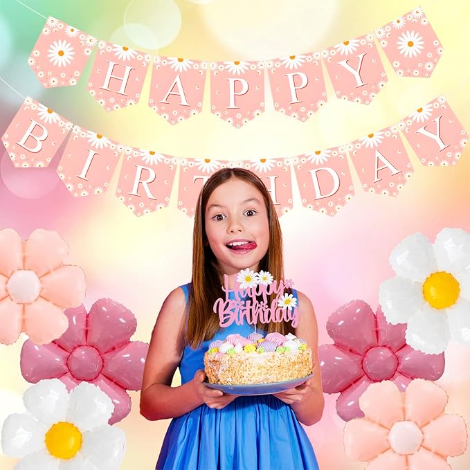 ZHENGYE Pink Daisy Flower Party Decorations Set With Happy Birthday Banner Cake Topper 6 Pcs Daisy Balloon Flower Theme Party Wedding Baby Shower Girl Women Birthday Party Décor