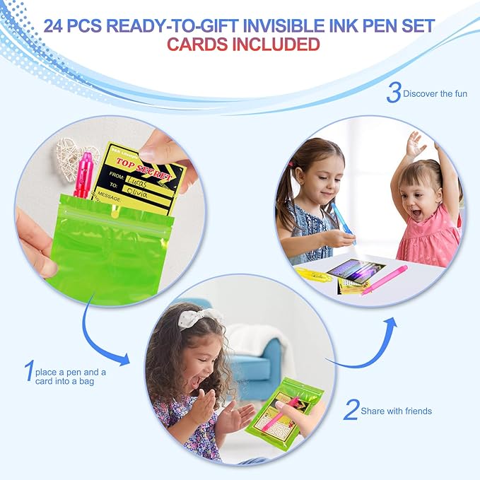 D&N Lifestyle Invisible Ink Pens for Kids, 24-Pack UV Secret Message Pens with Word Search & Maze Cards + Gift Bags, Valentine’s Day Party Favors & Classroom Gifts, Birthday Activities