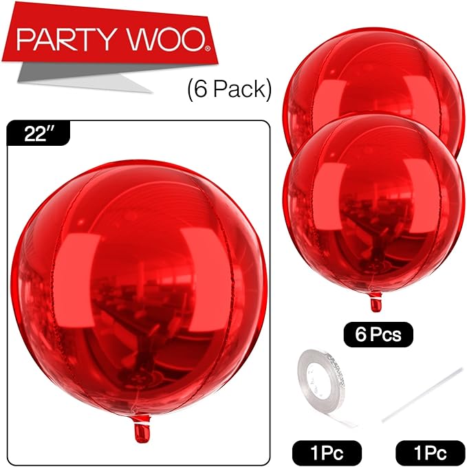 PartyWoo Red Foil Balloons 6pcs 22 Inch Large Round Foil Big Giant 4D Jumbo Inflatable Mirror Ball Mylar Balloons for Graduation Birthday Anniversary Casino Cherry Citizenship Party Decorations
