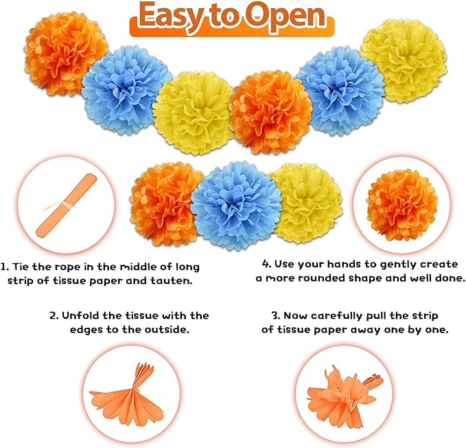 Blue and Orange Birthday Supplies,Boy Birthday Decorations,Blue Navy Brown Tan Orange Banner, Fringe Curtain,Tissue Paper Pompoms,Dog Balloons,Pom Poms Backdrop