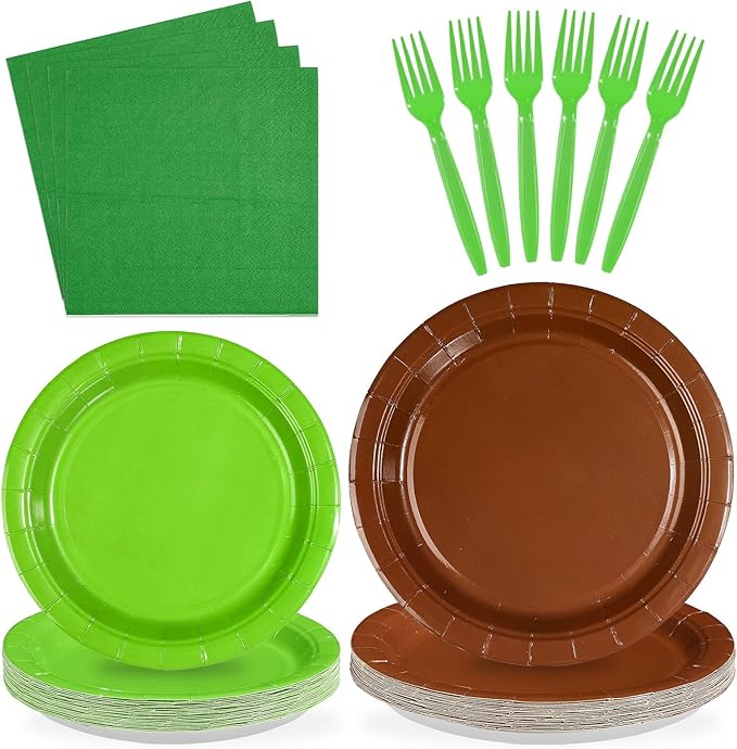 96Pcs Green and Brown Pixel Paper Plates Napkins and Forks Pixel Birthday Party Supplies Disposable Dessert Tableware Set for Video Game Party Decorations Serve 24