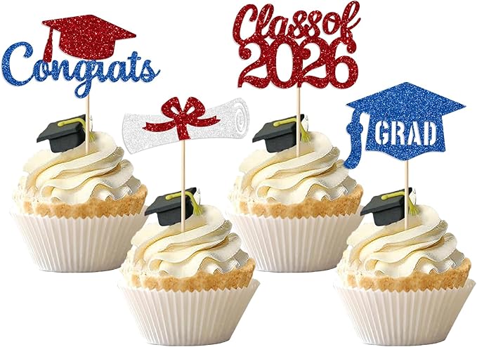 Red and Blue Graduation Cupcake Toppers Decorations Class of 2026 Cupcake Topper Graduation Cup Cake Picks Congrats Grad Party Decor Supplies Set of 24