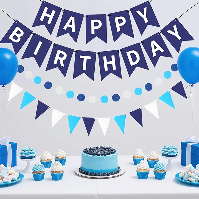 Blue Happy Birthday Banner, Happy Birthday Decorations Hanging Birthday Sign Circle Dot Triangle Bunting for Women Men Girl Boy Party Supplies