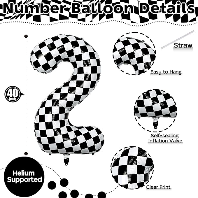 40 Inch 2nd Birthday Number Balloon, Checkered Foil Self Inflating 2 Balloons Decor, Big Black and White Racing Helium Number 2 Balloons for Girls Boys Birthday Race Car Flag Party Decoration Supplies