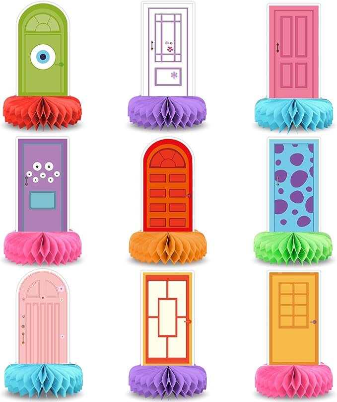 9 Sets Monsters Birthday Party Supplies Colorful Door Honeycomb Centerpieces Door Shaped Honeycomb Balls Table Centerpieces Set Monster Party Decorations Honeycomb Decor for Baby Shower Holiday Home