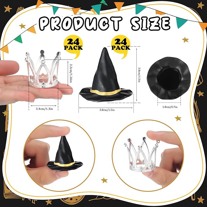 48 Pack Witch Hat and Crown Cake Topper Bad Witch Birthday Party Decorations Mini Wizard Hats Silver Crown Cupcake Toppers Decor Princess Cake Accessories for Birthday Party Supplies Crafts