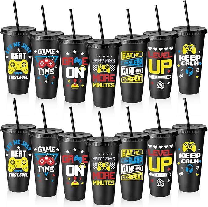 16 Pcs Video Game Plastic Cups Gaming Party Favor with Lids and Straws 24 oz Gamer Reusable Tumbler Water Mug for Fun Video Birthday Party Supplies for Adults (Black)