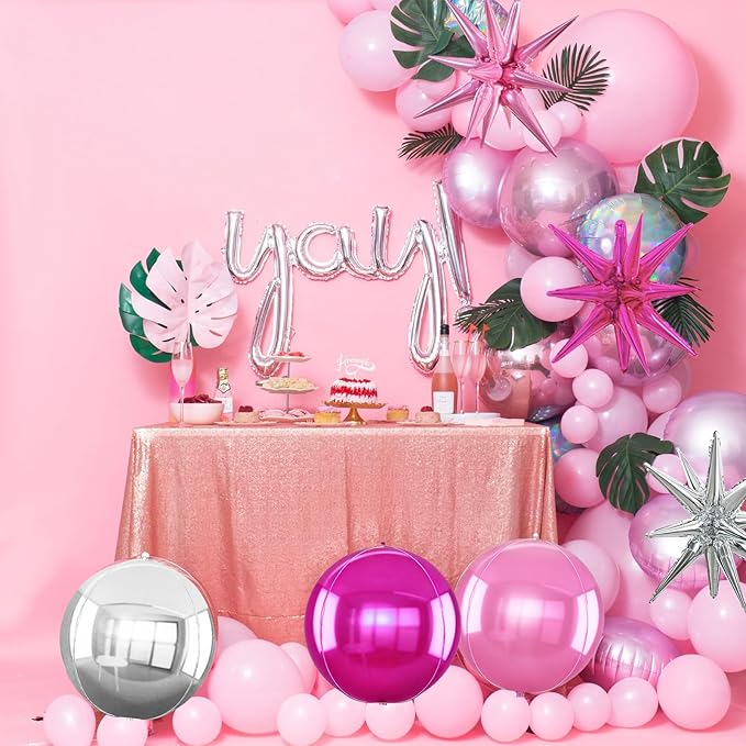 TONIFUL 8Pcs 22Inch Silver Pink Rose Red Large 4D Giant Round Star Balloons Explosion Star Mylar Balloons Set for Christmas New Year Birthday Wedding Bridal Shower Anniversary Photo Booth Supplies