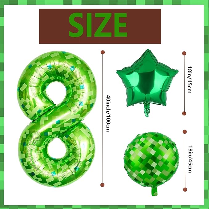 40 Inch Green Pixel Miner Number 8 Foil Balloon Set 5Pcs Large Mylar Mining Theme 8th Number Balloons Pixel Cubes Video Game Birthday Party Decorations