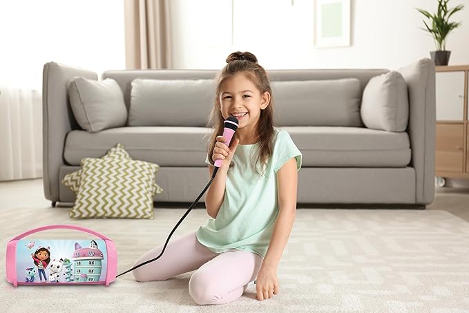 Lexibook, Gabby's Dollhouse, Wireless Light Speaker with Mic, Stereo Audio, Karaoke Function, USB and SD Card Ports, Rechargeable Battery, Handle to Take Everywhere, Pink, BTP585GDHZ