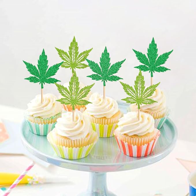 Ercadio 24 Pcs Green Glitter Marijuana Cupcake Toppers Have a Dope Birthday Cake Topper Cake Decorations for Men Women Marijuana Them Party Supplies