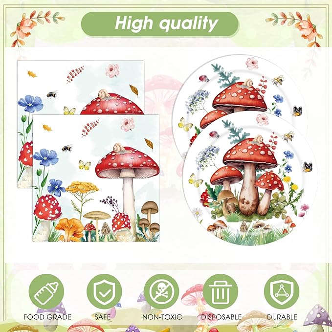 41Pcs Mushroom Birthday Decorations Enchanted Forest Party Tableware Set Wonderland Wildflower Mushroom Paper Plates Napkins Tablecloth丨Baby Shower Fairy Tale Party Cottagecore Party Decor,Serve 20