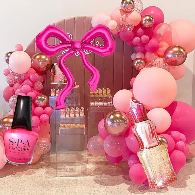 6Pcs Spa Party Decoration Balloons/Nail Polish/LipStick/Hot Pink Bow Foil Balloons/Makeup Party Supplies/Babi Decorion/Pink Girl Party Balloons