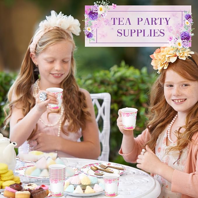 350 Pcs Tea Party Supplies Spring Summer Tea Party Tableware Set Disposable Plates Napkins Paper Cups Plastic Cutlery Set for Birthday Bridal Baby Shower Serves 50