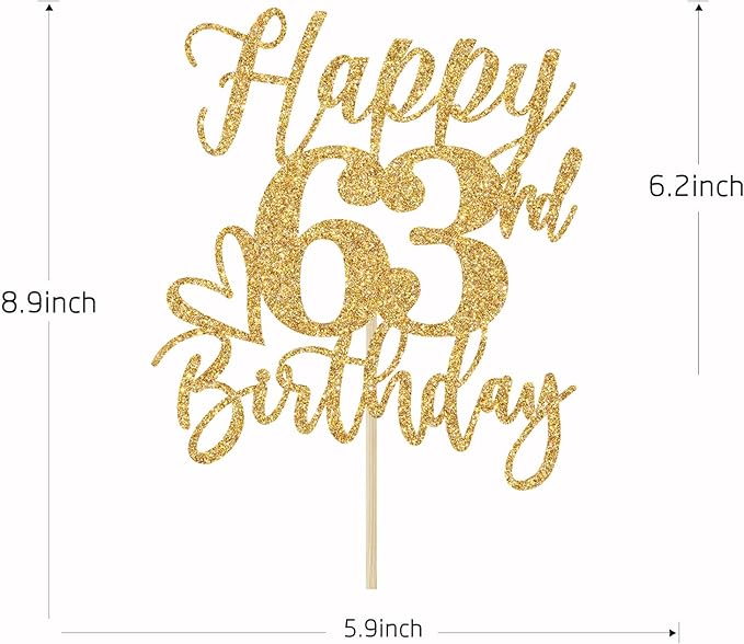 Happy 63rd Birthday Cake Topper, Cheers to 63 Years, Hello 63, Gold Glitter Party Supplies