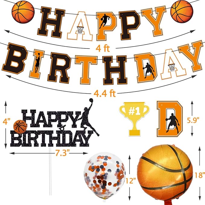 Basketball Birthday Decorations Include Pre-Strung Happy Birthday Banners, NO DIY Cake Topper, Balloons, Slam Dunk Sports Game Day Themed B-Day Party Supplies for Kids Teenagers Boys Men Women