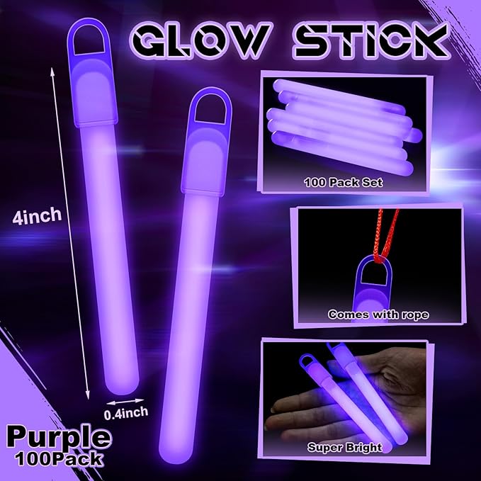 Lewtemi 100 Pack 4" or 6" Bright Glow Sticks Bulk, Glow in the Dark Party Supplies Birthday and Holidays (4 Inch,Purple)