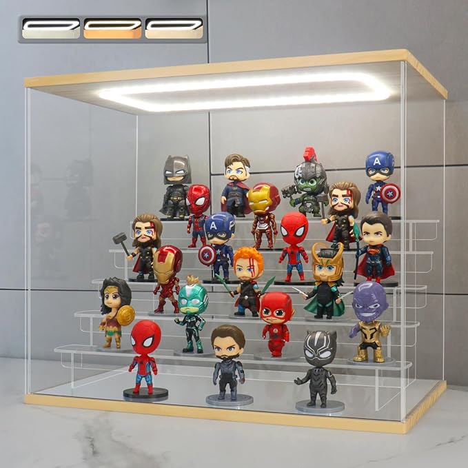 Clear Acrylic Display Case with Light 6 Tier Display Storage Box Assembly Dustproof Showcase for Collectibles Action Figures(Wood, 19.1*12.0*15.7inch)