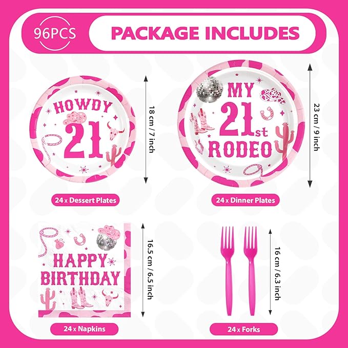 96Pcs My 21st Rodeo Birthday Decorations Western Cowgirl Howdy 21st Birthday Plates and Napkins Disco Cowgirl Decoration Favors for Girls 21 Years Old Bday Western Theme Party Supplies Serves 24
