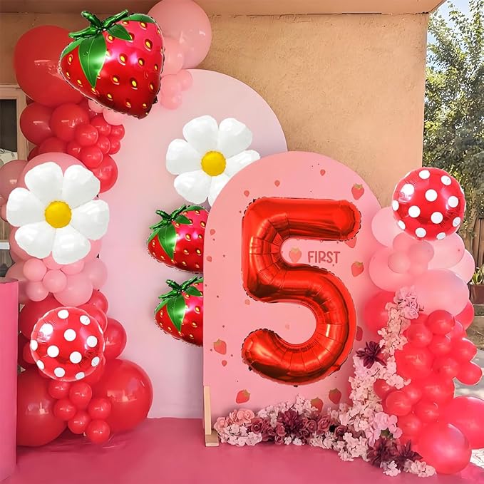 Strawberry Balloons Fifth Birthday Decorations for Girl, 40 Inch Mylar Red Number 5 Balloons, Strawberry Balloon for Strawberry Party Decorations, Strawberry Themed Party