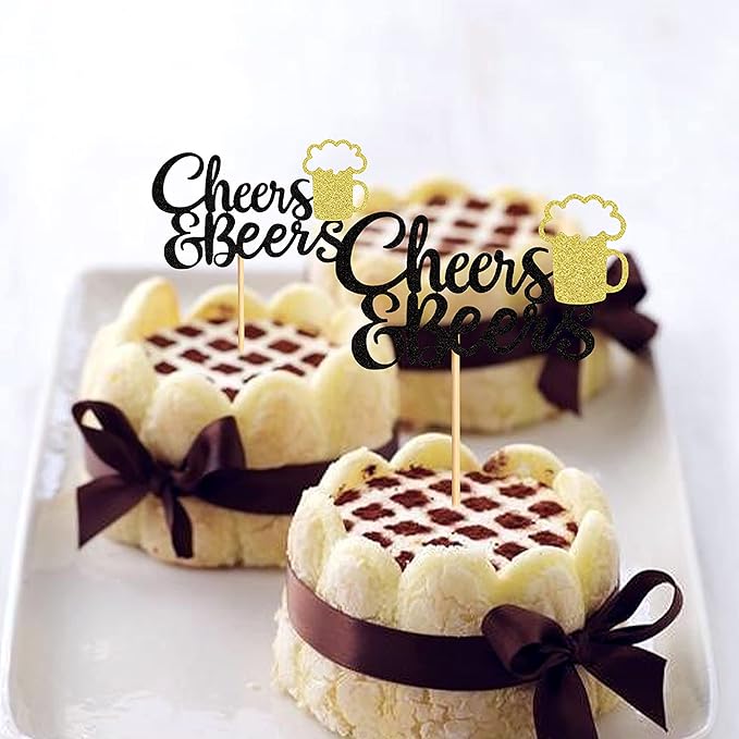 Ercadio 24 Pack Cheers and Beers Cupcake Toppers with Glitter Beer Mug Cupcake Picks Baby Shower Birthday Beers Festival Themed Party Cake Decorations Supplies Black