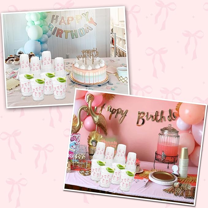 50 Pcs Pink Bow Cups, 12 oz Cute Bow Plastic Cups for Wedding Baby Shower Birthday Party Decorations Favors