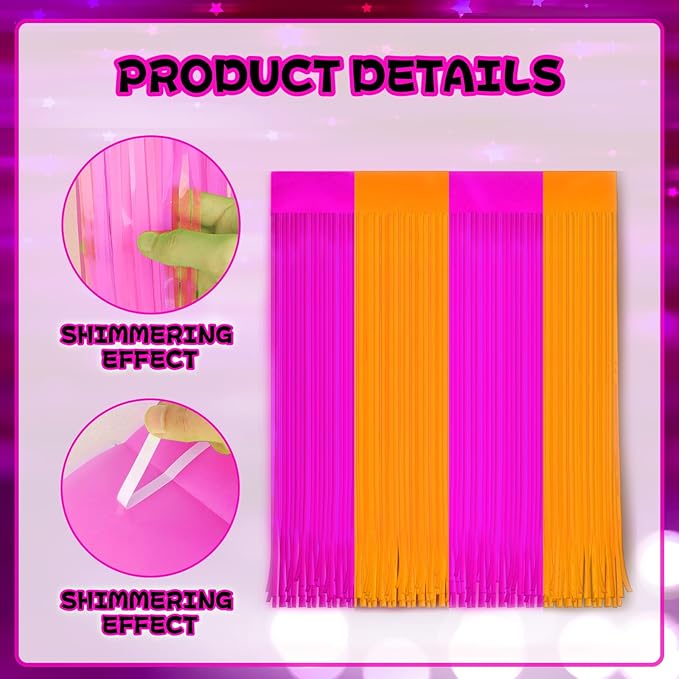 4 Pack Glow in The Dark Curtains Party Supplies 6.6 x 3.3 Ft Glow Tinsel Foil Fringe Curtains Orange Purple Photo Booth Prop Backdrop Streamer for Halloween Holiday Neon Party Decorations