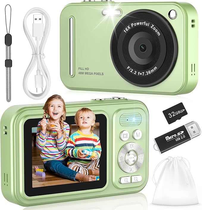 Digital Camera for Kids, WITYEAH 48MP FHD 1080P Point and Shoot Digital Cameras with 16X Zoom Anti-Shake, Compact Portable Cameras for Photography, for Boys Girls Teens Beginners,Green