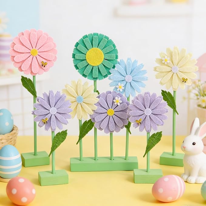 SUNBEAUTY 8PCS Daisy Felt Centerpieces for Tables Pastel Flower Birthday Party Decorations Daisy Birthday Party Decorations Spring Floral Table Decor for Girl Birthday Baby Shower Garden Home Decor