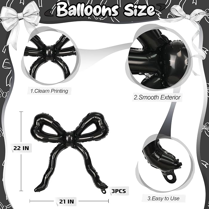 Black Bow Balloons for Bow Party Decorations, 3pcs Giant Black Coquette Mylar Foil Balloon for Coquette Birthday Decorations Bridal Baby Shower Wedding Bachelorette RIP to My 20s Decor Supplies