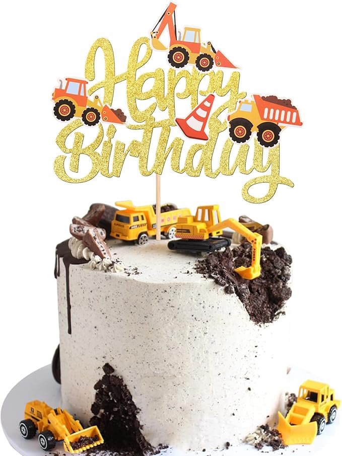 1 PCS Construction Happy Birthday Cake Topper Glitter Dump Truck Excavator Tractor Construction Cake Pick for Construction Theme Baby Shower Birthday Party Cake Decorations Supplies Gold