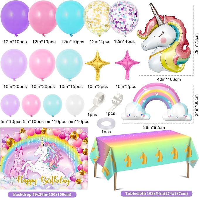 Winrayk 144Pcs Purple Unicorn Party Decorations Birthday Supplies for Girls, Purple Pink Blue Balloon Arch Kit with Backdrop Tablecloth Foil Balloons, Kids Rainbow Unicorn Themed Birthday Decorations