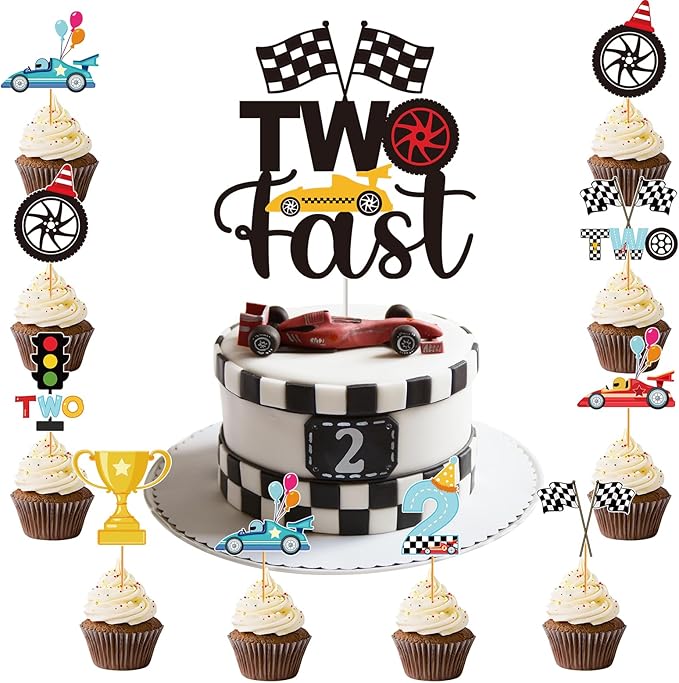 Two Fast Cake Decorations - 25 Pcs Race Car Theme Curious Baby 2nd Birthday Cupcake Topper Let's Go Racing Table Decor Trophy Checkered Flag Traffic Light 2 Years Old Party Supplies for Boys