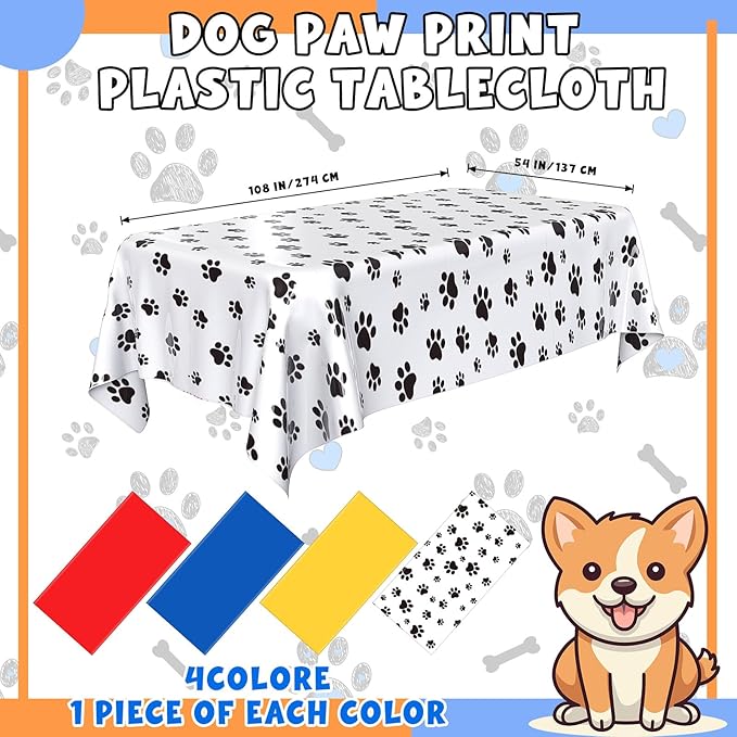 4 Pack Puppy Dog Pet Paw Print Plastic Tablecloth 54 x 108 Inches Red Blue Yellow Table Cover Paw Print Disposable Rectangle Table Cover for Pet Blue Dog Birthday Party Supplies