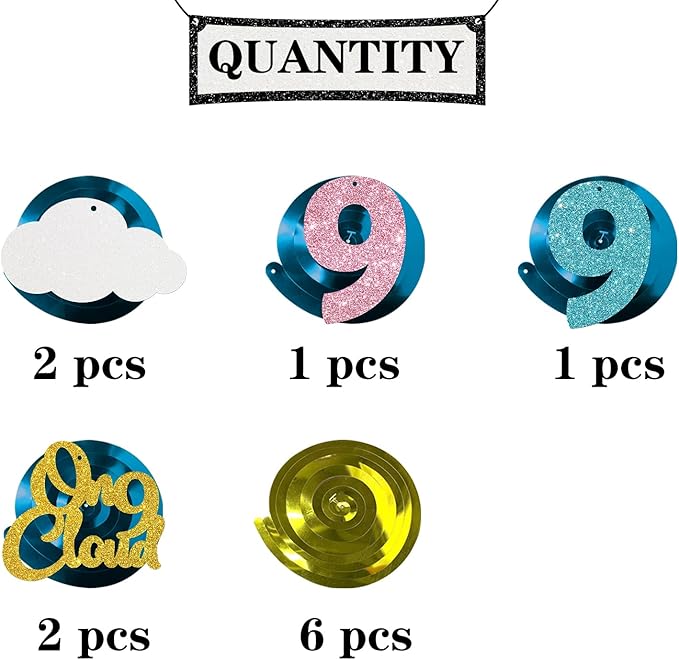 Maicaiffe On Cloud 9 Hanging Swirl Decorations - Glitter 12 Pcs 9th Birthday Party Supplies - Children Birthday - Nine Streamers - Nine Years Old Party Foil Swirls Ceiling Decorations