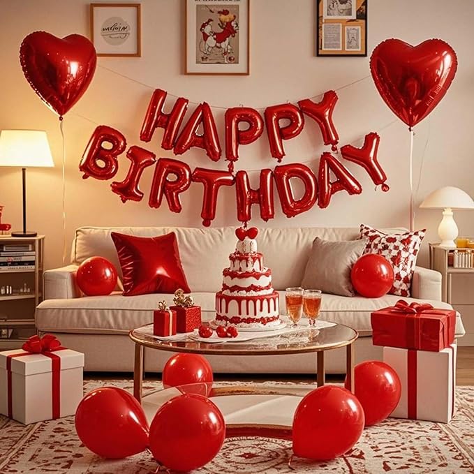 27 Pcs Red Birthday Decorations, 3D Foil Red Happy Birthday Balloon Banner, Pentagram Heart Foil Balloons Confetti Balloons Kit For Boys Girls Birthday Party Supplies