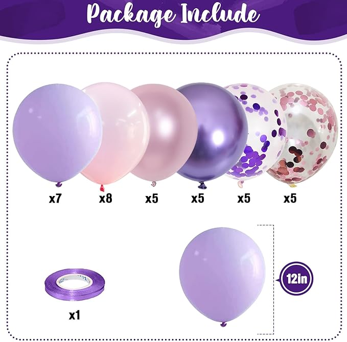 Pastel Pink and Purple Balloons, 12 Inch Metallic Purple Lilac Pink Confetti Balloons Set for Girls Women Kpop Butterfly Birthday Baby Bridal Shower Wedding Princess Disco Music Party Decorations