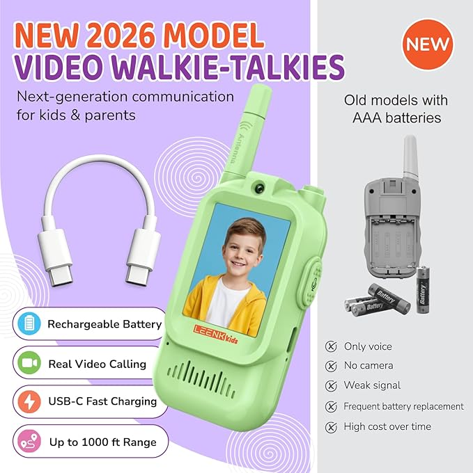 LEENK Video Walkie Talkies for Kids 2 Pack – Rechargeable Video Intercom Handheld, Indoor & Outdoor Range, Easy Use for Ages 3-12, Eco ABS, Clear Voice & Long Distance Communication (Green & Purple)