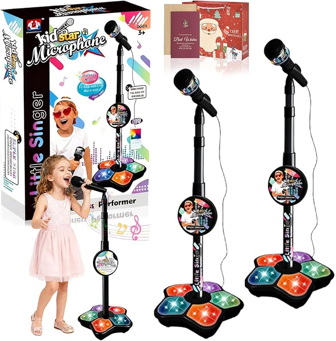 The All-in-One Microphone Toy, Funny Kids Microphone with Adjustable Stand, Speaker & Colorful LED, Multi-Functional Karaoke Microphone Toy for Boys & Girls, Gifts for Little Singers (2-Black)