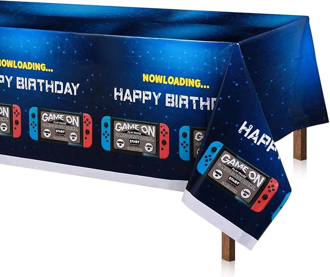 2Pcs Blue Video Game Party Tablecloth | 54 x 108 In| Video Game Birthday Party Decoration Rectangular Disposable Plastic Table Cover, Game Birthday Party Supplies for Boys Girls Kids Party Decorations
