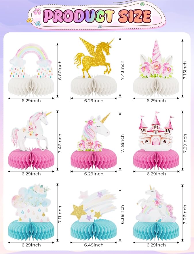 9 PCS Unicorn Rainbow Honeycomb Centerpieces,Unicorn Centerpiece for Table Birthday Party Decorations Pastel Table Topper Centerpiece for Girls Princess Theme Birthday Baby Shower Party Decor