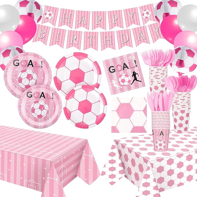 Zhehao 143 Pcs Pink Soccer Birthday Decorations Party Supplies Serves 24 Include Soccer Themed Plate Fork Napkin Cup Banner Balloon Tablecloth for Sports Theme Birthday Party Favor