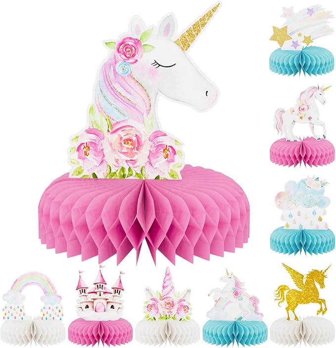9 PCS Unicorn Rainbow Honeycomb Centerpieces,Unicorn Centerpiece for Table Birthday Party Decorations Pastel Table Topper Centerpiece for Girls Princess Theme Birthday Baby Shower Party Decor